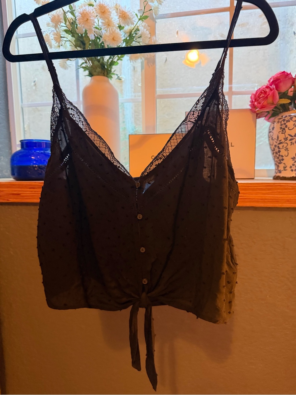 H&M Black Lace Trim Button-Front Tie Cami